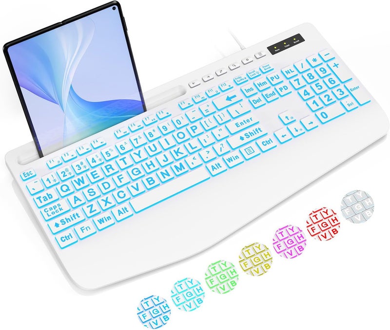 SABLUTE Large Print Backlit Computer Keyboards, Wired Lighted USB Keyboards with 7-Color Backlit, Wrist Rest, Phone Holder, Easy to Read and Type for Laptop, PC, Windows, Desktop (White) - Image 1